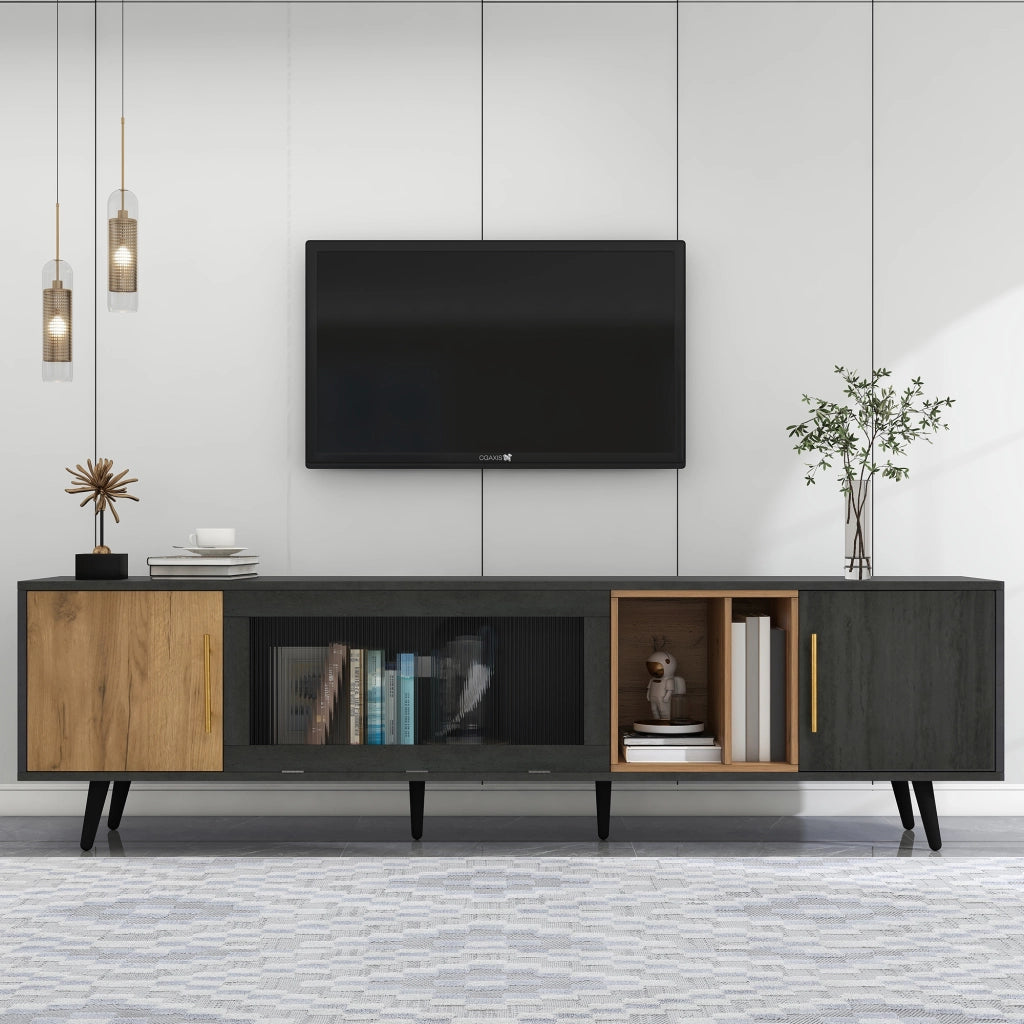 Mobile TV con 2 Ante; Anta a Ribalta in Vetro e Vano a Giorno; Passacavi; in MDF; 200¡Á40¡Á55;5 cm; Grigio