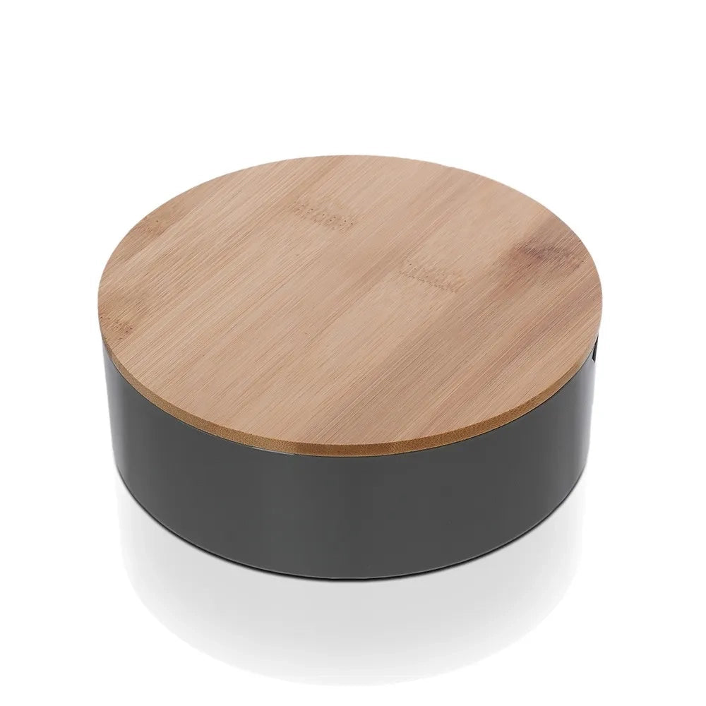 Porta trucchi da bagno tondo in plastica grigia e bambù completo di specchio