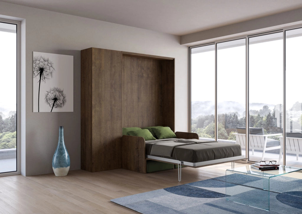 Letto matrimoniale francese a scomparsa 140 Kentaro con divano e colonna noce, verde