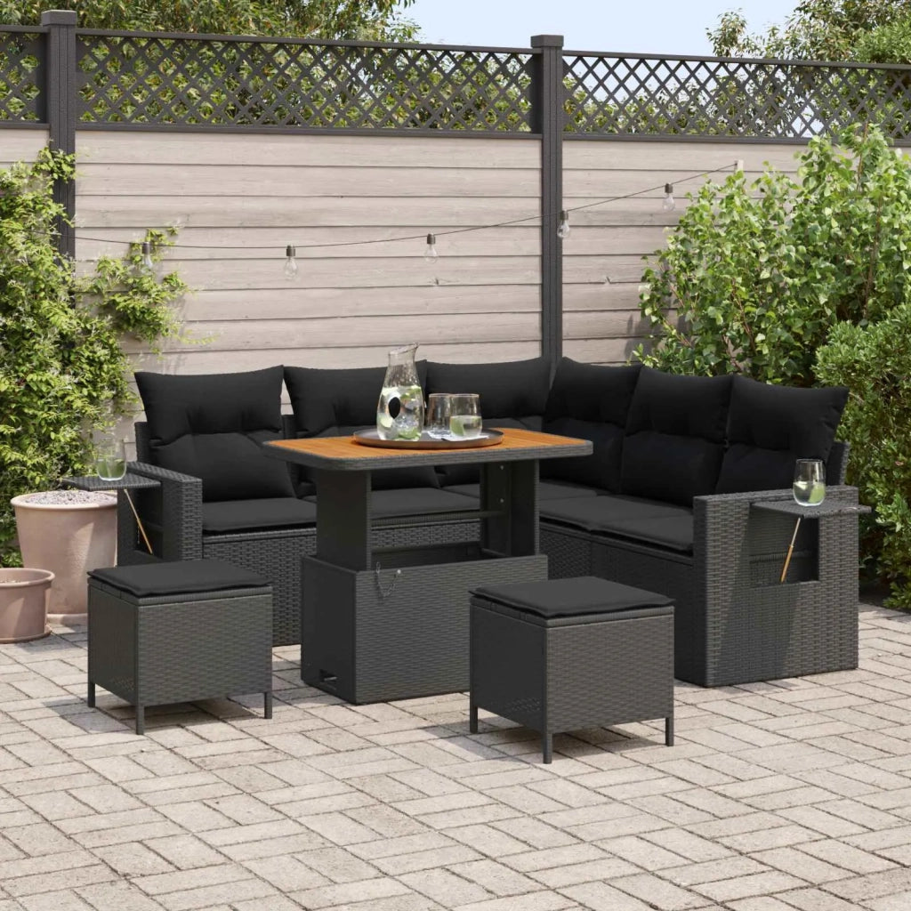 Set Divano da Giardino con cuscino 9 pcs Nero polyrattan