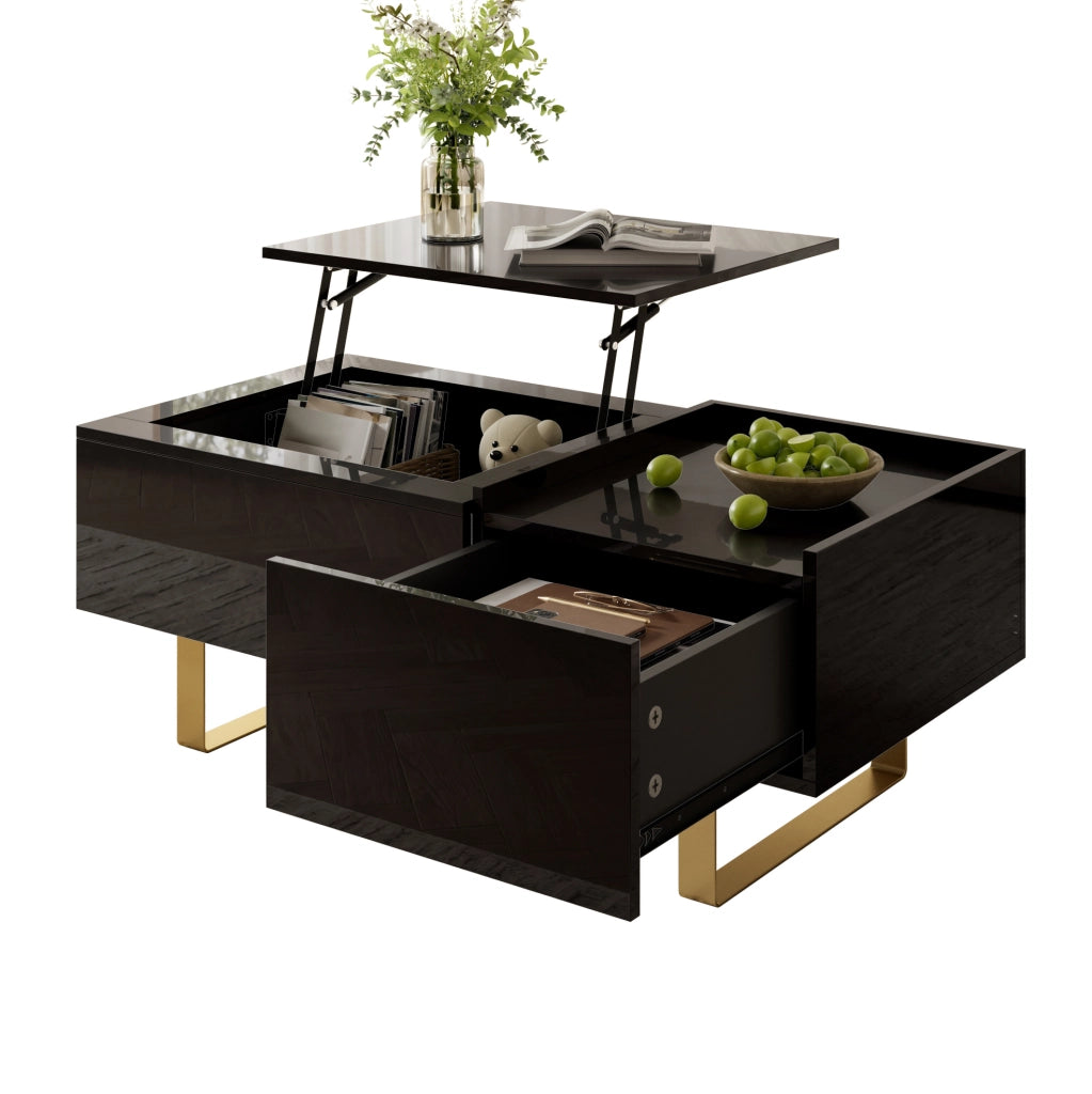 Tavolino da caffè rettangolare con piano alzabile idraulico e cassetto; 100x50x54;5 cm; MDF nero lucido