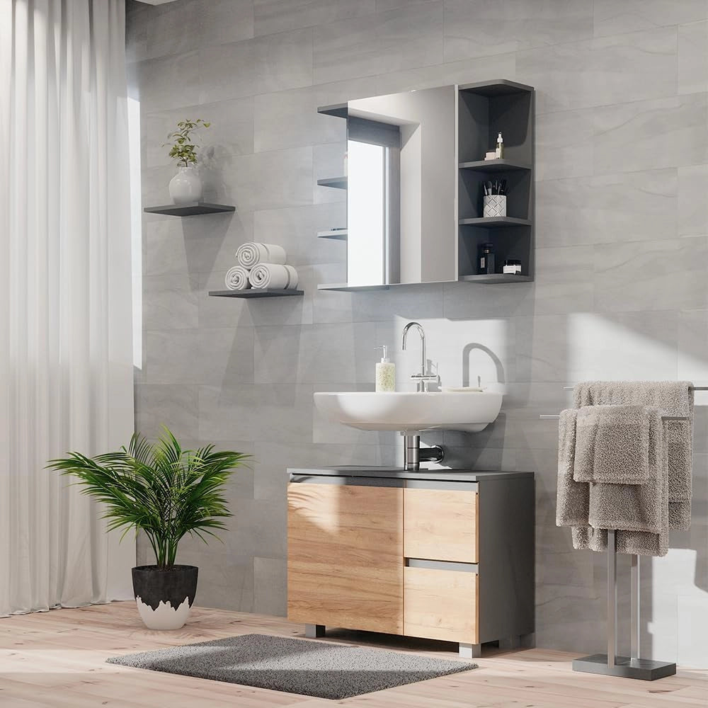 Mobile sottolavabo per bagno J-Shape, Sonoma, 80 x 60.8 cm, con intaglio per sifone per l’installazione sotto il lavandino