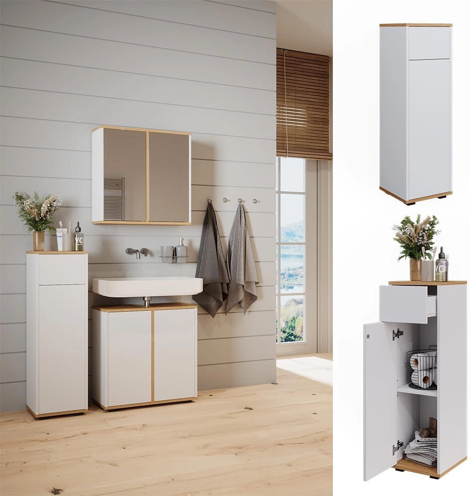 Mobiletto midi Didi, Bianco/Artisan, 30 x 97 cm con cassetto, per la conservazione di articoli da bagno e prodotti per la cura personale