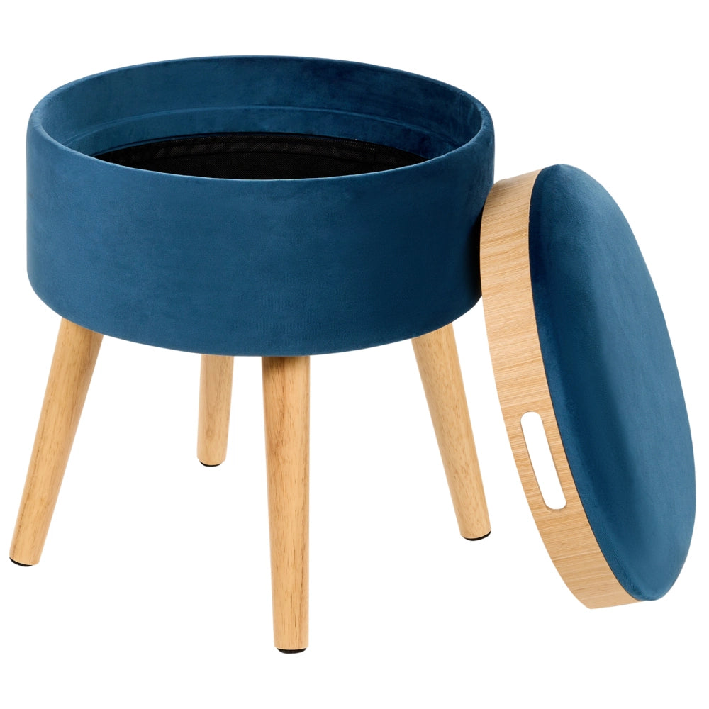 Pouf in velluto imbottito blu con vassoio contenitore stile glamour elegante soggiorno camera da letto