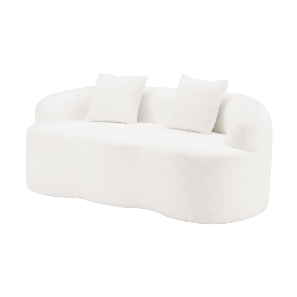 Divano loveseat 2 posti bianco crema, forma curva a fagiolo, con cuscini coordinati, pronto all’uso