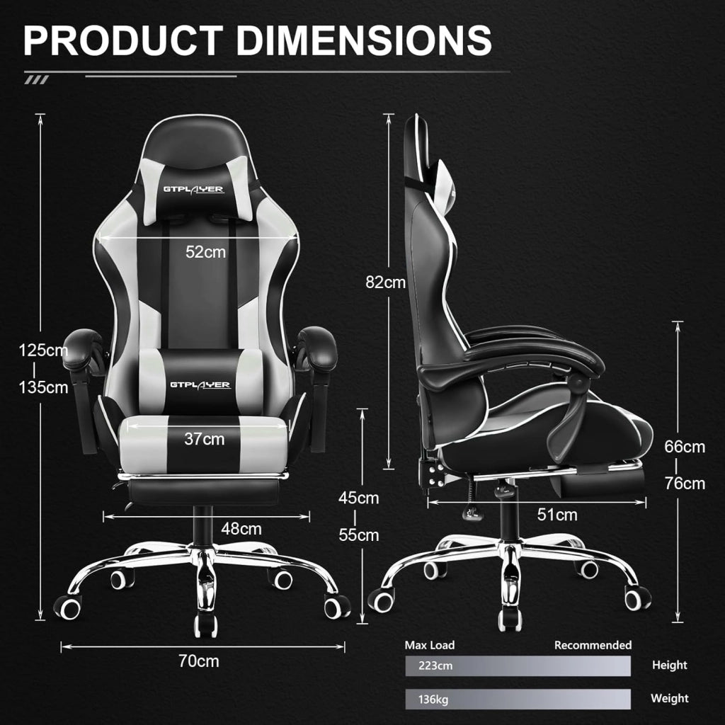 Sedia da gaming massaggiante ergonomica per computer, con poggiapiedi e supporto lombare, regolabile in altezza, sedile girevole a 360° e poggiatesta, per ufficio, colore bianco