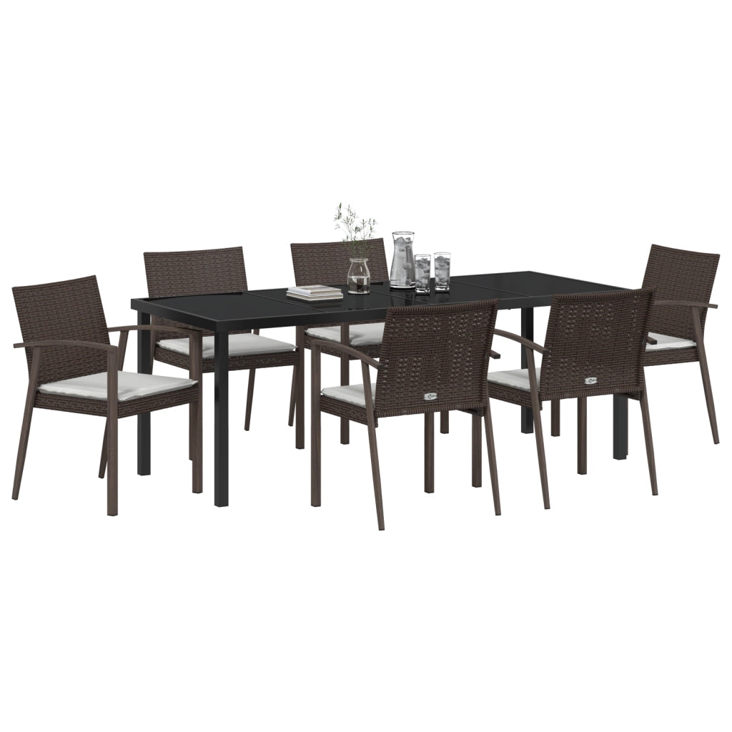 Set da pranzo da giardino 7 pezzi con cuscini in polirattan marrone