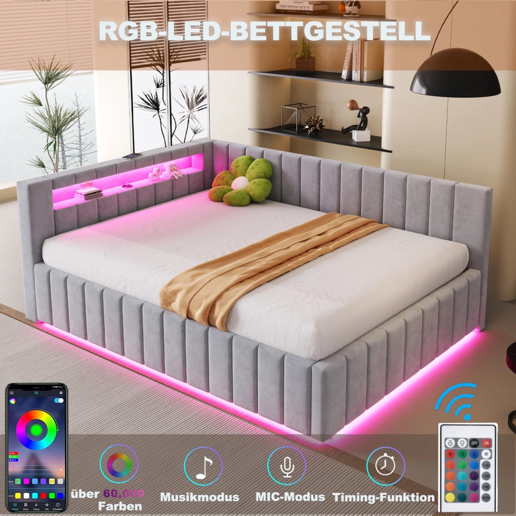Letto Contenitore Matrimoniale 140x200 cm; USB; LED e Stoccaggio Idraulico in Grigio