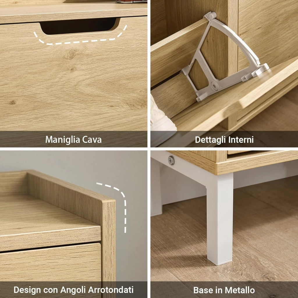 Scarpiera Salvaspazio Slim da Ingresso – Mobile Portascarpe con 4 Ante a Ribalta Regolabili in Legno – Armadio Scarpiera Alta e Stretta per Bagno o Corridoio, 100x19x91 cm，Naturale, FSR100-N
