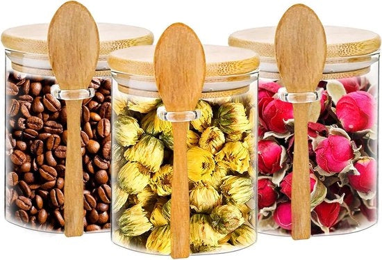 Set di contenitori di vetro con coperchio in bambù - Set da 3 - 600 ml - Incluso cucchiaio