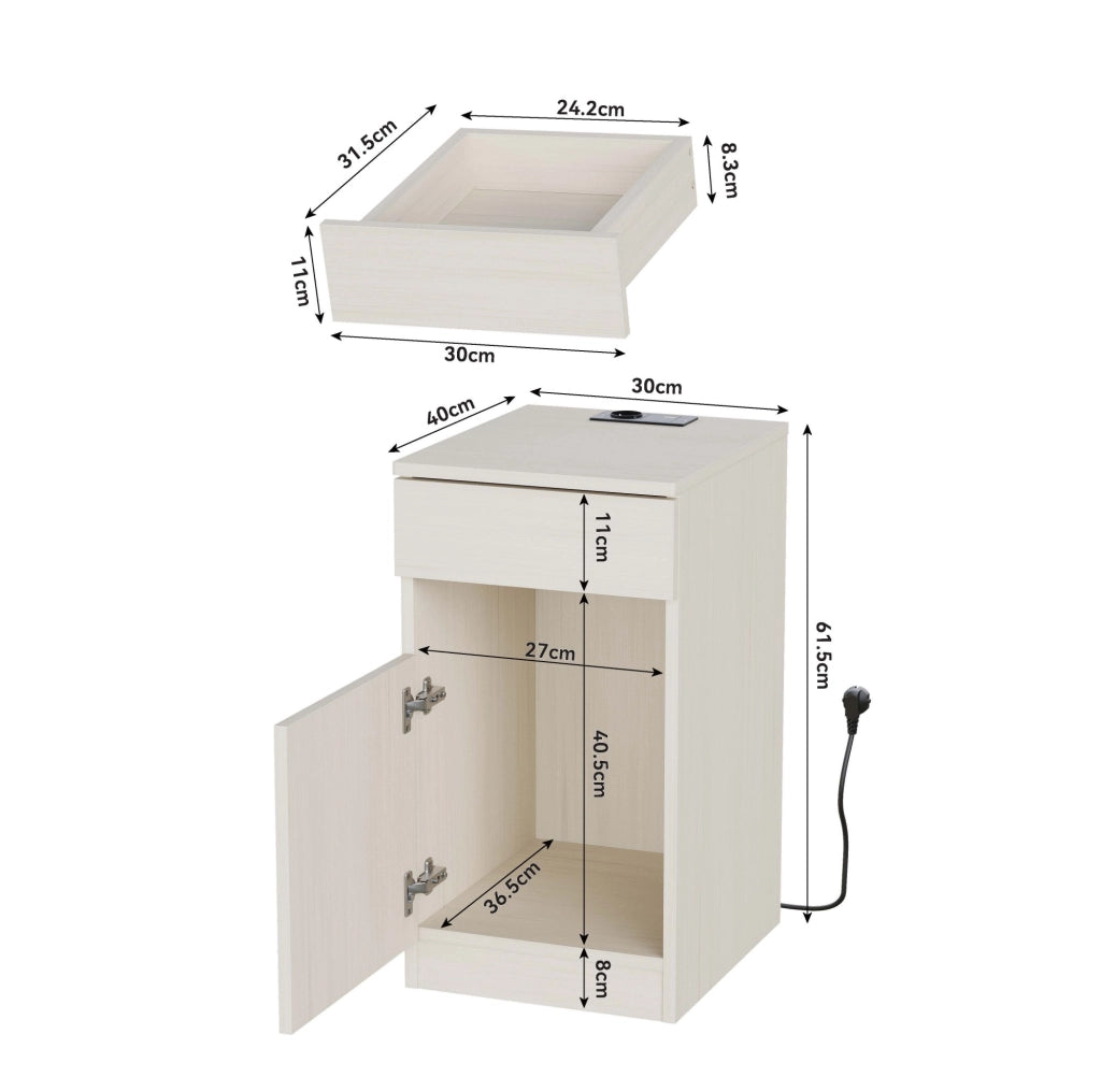 Comodino bianco in MDF con ricarica USB e presa