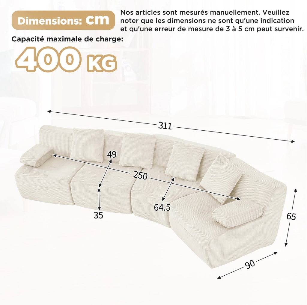 Divano modulare 4 posti 311x90x65 cm in ciniglia beige chiaro, senza montaggio –