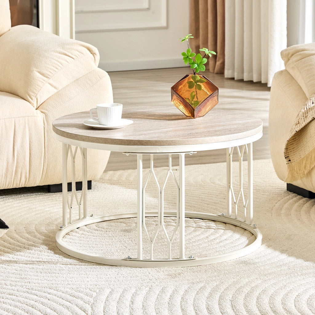 Tavolino basso rotondo in MDF effetto legno con struttura in metallo, per soggiorno, bianco, Ø 70 × 40,5 cm