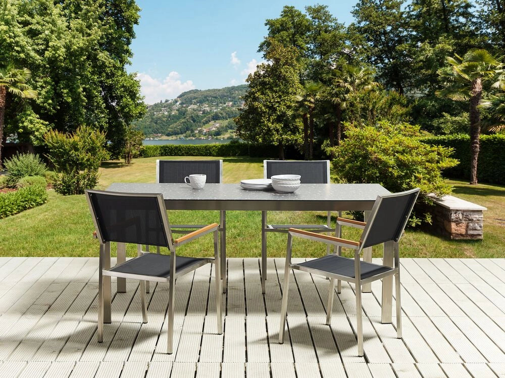 Set da giardino con 4 posti in acciaio inox con tavolo piano con effetto granito e sedie in rattan nero set esterno moderno