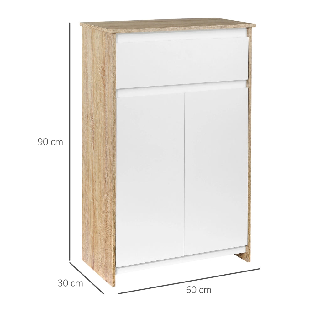Mobiletto Bagno con Cassetto e 2 Ante ¨C Zephmum ¨C 60x30x90 cm Bianco e Legno Naturale