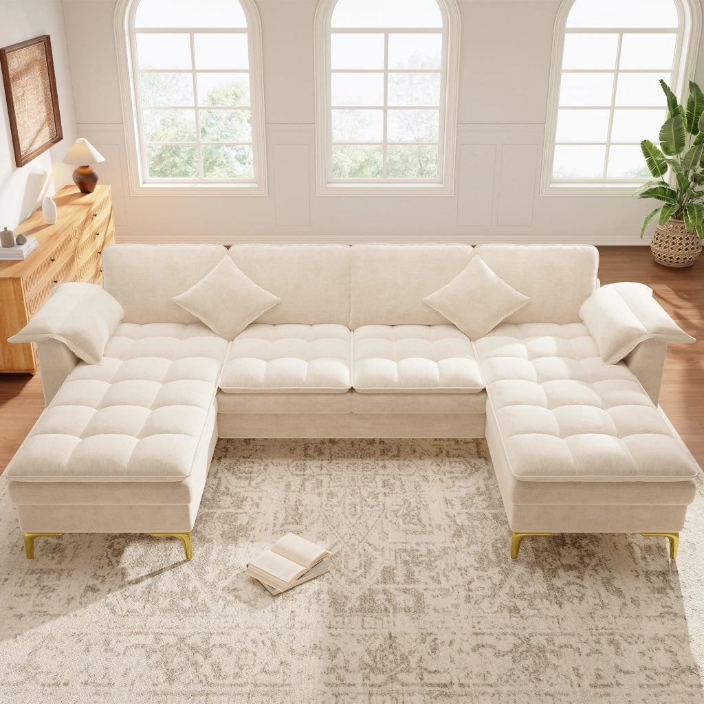 DIVANO A U 4-5 POSTI 262x134x86 cm Chenille Beige con 2 cuscini