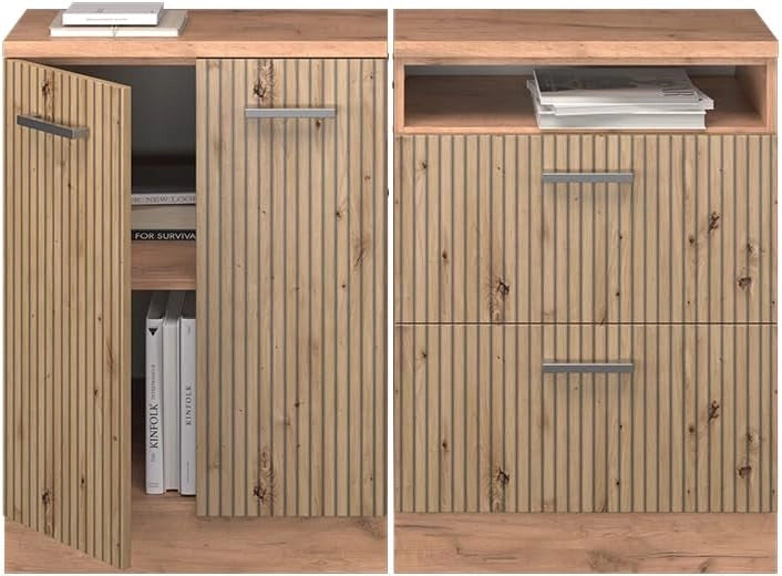 Set di mobili sottotetto Rion, Rovere artigianale, 120 cm Set di 2 carcasse armadio profondità 60 cm, adatto per il salvaspazio sotto tetti spioventi