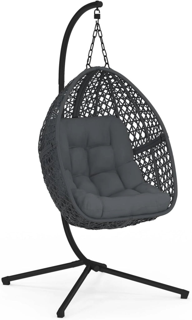 Poltrona a Luna sospesa in Rattan Traforato con Cuscino Grigio