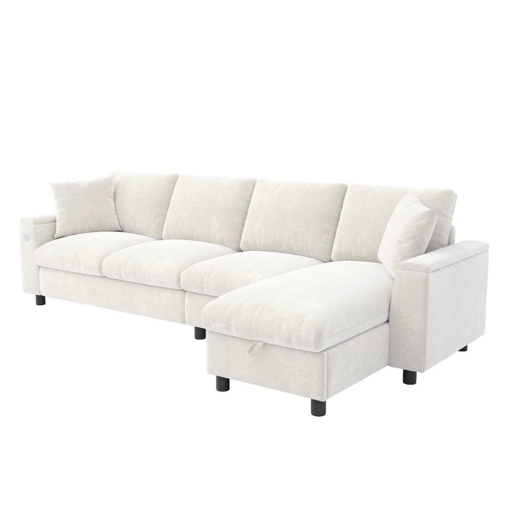 Divano angolare reversibile convertibile con vano contenitore, tavolino ribaltabile, tessuto Chenille Beige