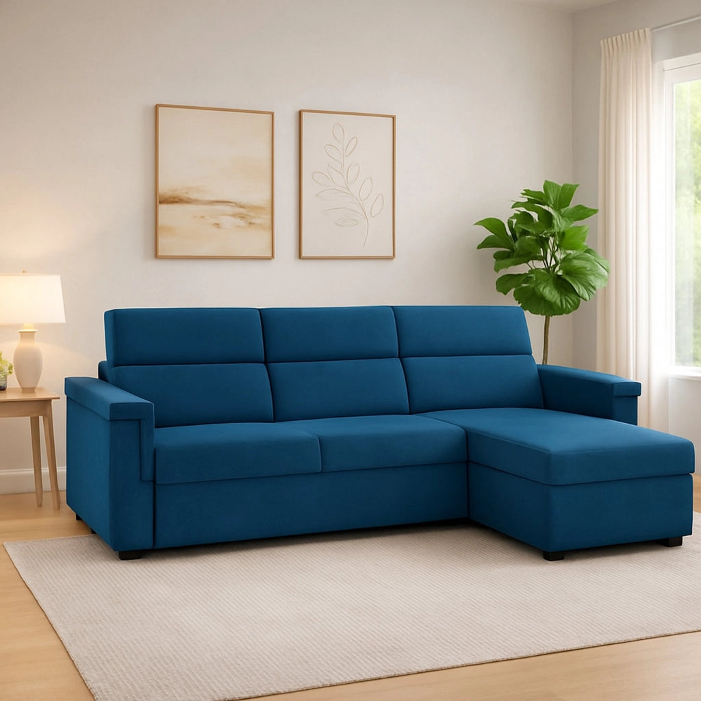 Cintano, Divano Fisso con Penisola Sfoderabile Made in Italy, 285x160 cm blu