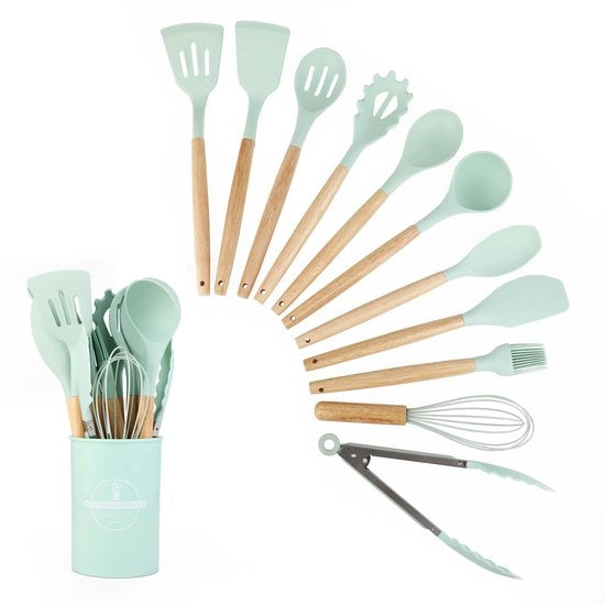 Set di silicone per cottura 12 pezzi, utensili antiaderenti di alta qualità alimentare, verde alghe marina (Seaweed Green)