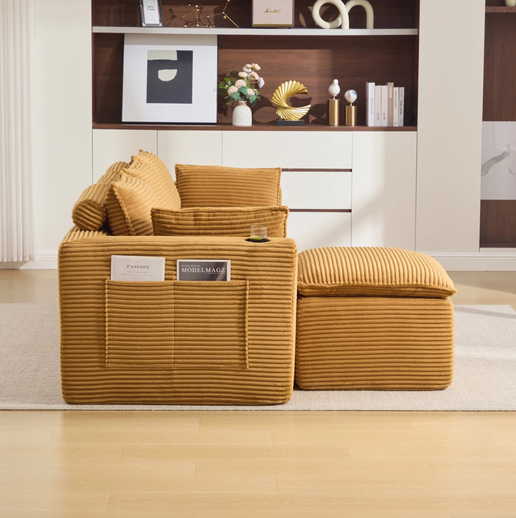 Divano modulare componibile con pouf; corduroy arancione
