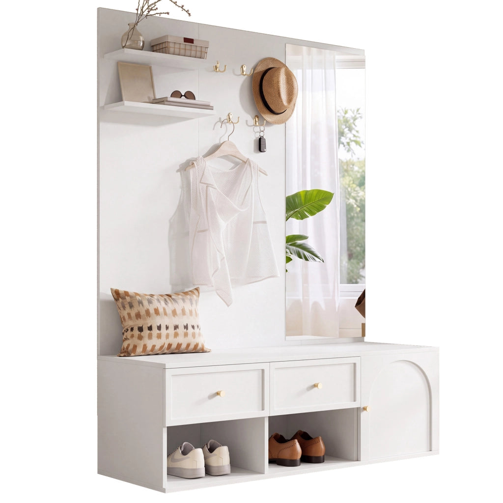 Set guardaroba 120.0x35.0x159.0 cm con specchio e 5 ganci in truciolato bianco