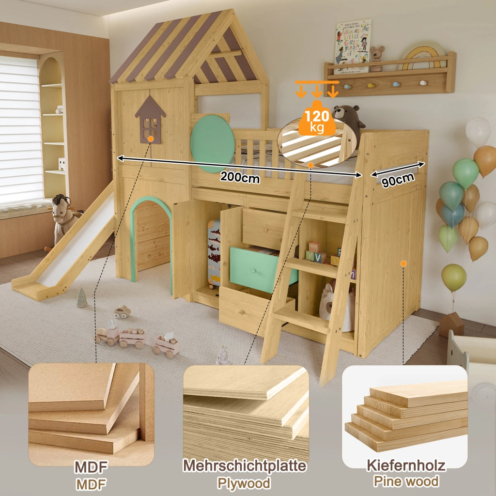 DESMIU Lit mezzanine enfant 90 × 200 cm avec toboggan, escalier 3 marches, rangements, sans matelas