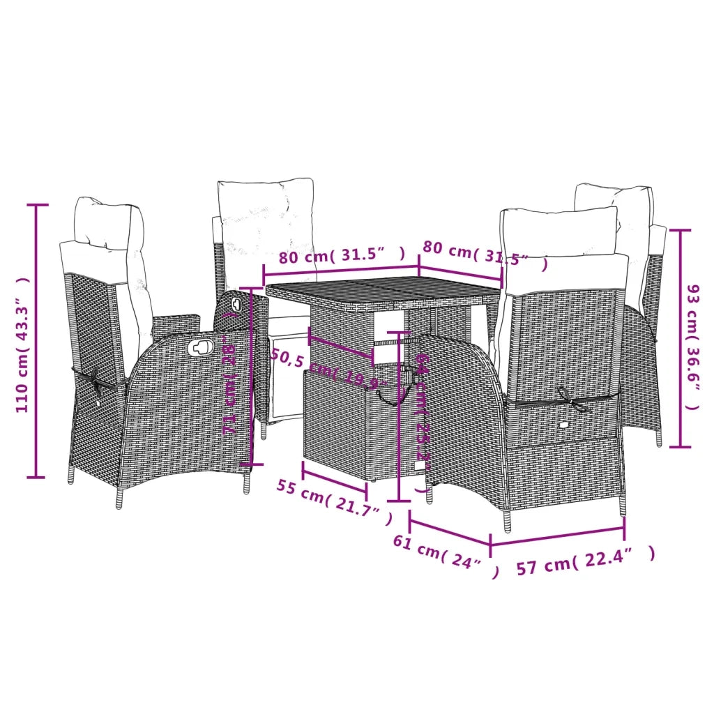 Set da Pranzo da Giardino 5 pz Nero con Cuscini in Polyrattan 3277436