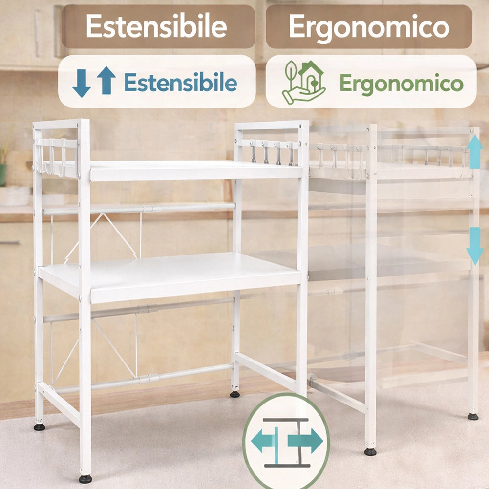 Scaffale Porta Microonde Allungabile 2 Ripiani Mensola da Cucina Metallo Bianco