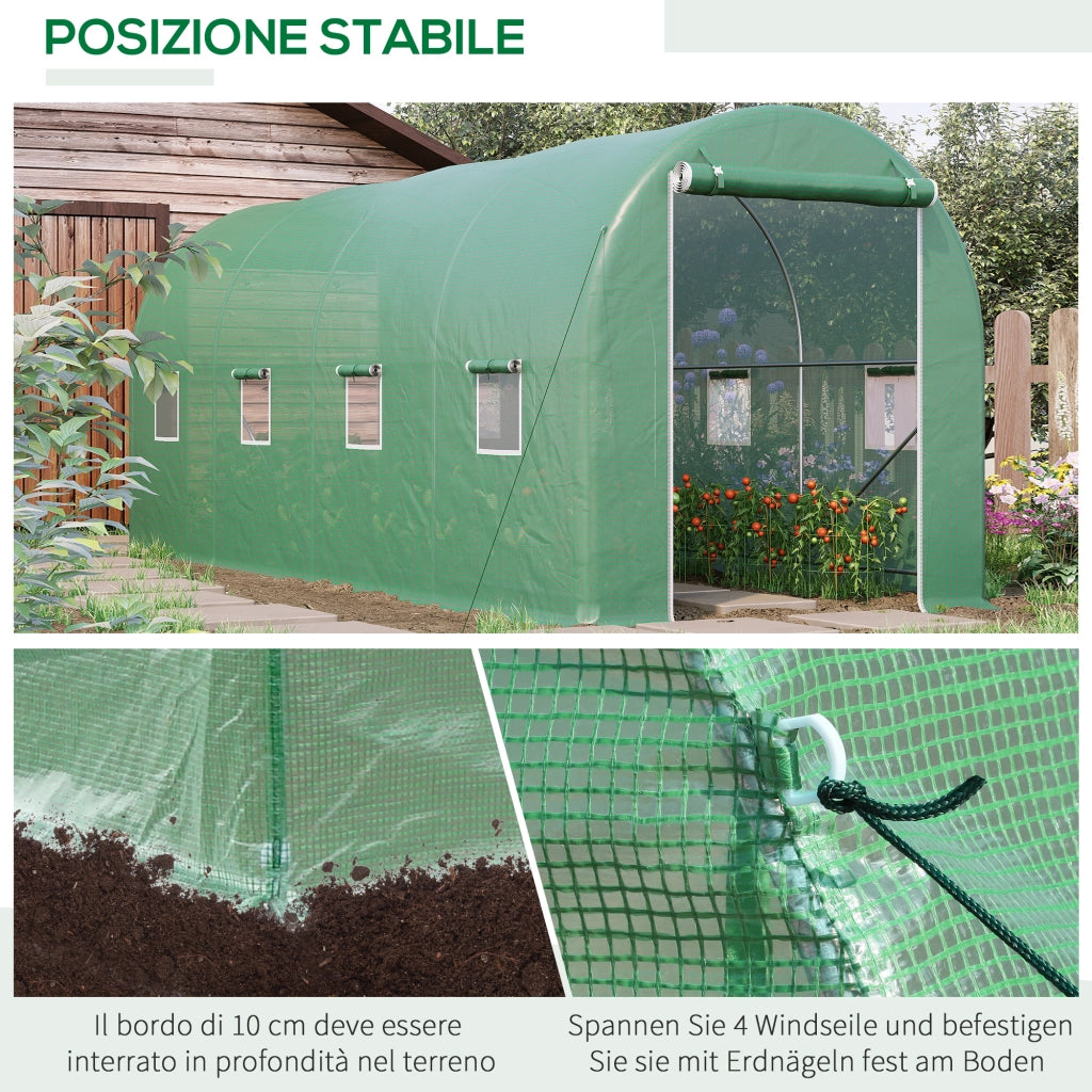 EasyComfort Serra a Tunnel da Giardino 5x2x2 m con 8 Finestre e Porta Avvolgibile, Verde