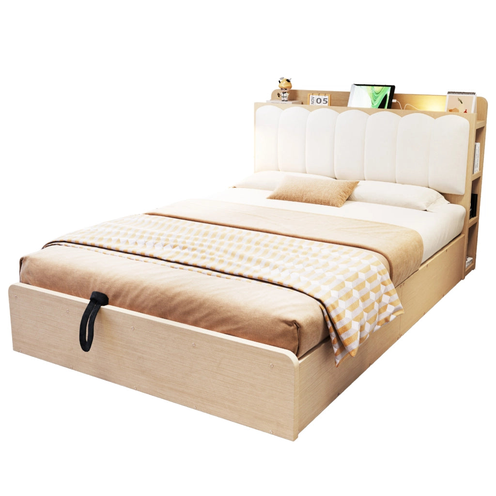 Letto 140x200 cm con contenitore idraulico; testiera con vani; USB e luce; legno colore naturale