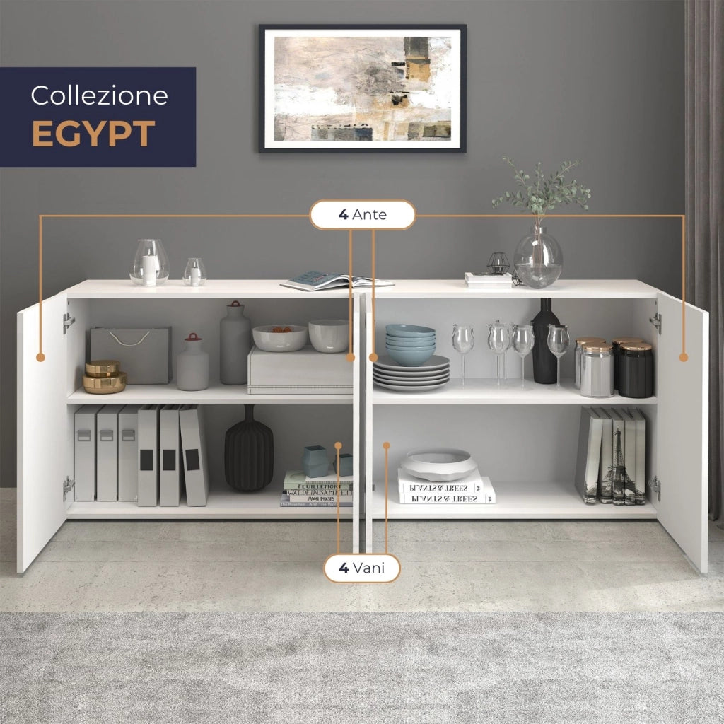 WHOUS Credenza Egypt a 4 ante e 4 vani bianco lucido 180x38x70 cm