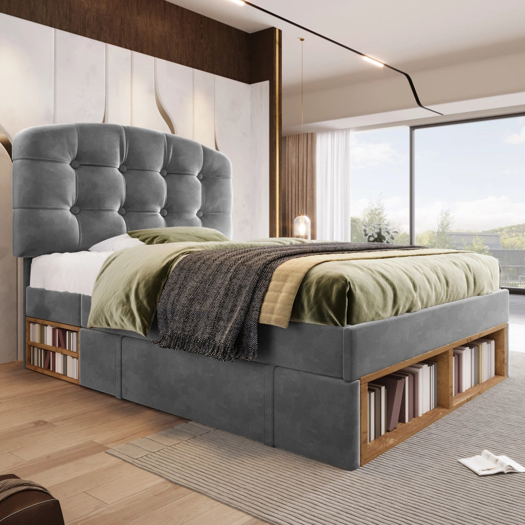 DESMIU Letto con cassetti 90 × 200 cm singolo con vano contenitore e testiera regolabile, senza materasso, velluto grigio