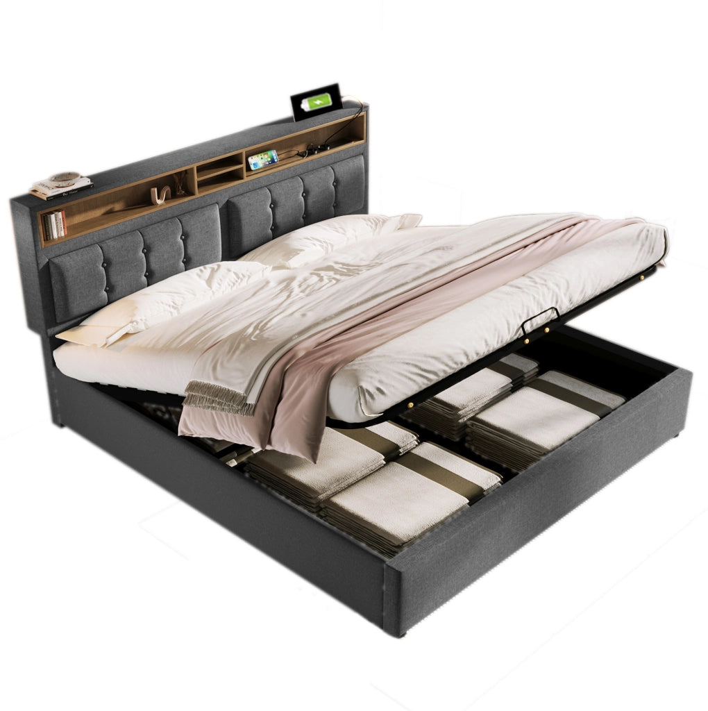 Letto imbottito 140x200 con testiera regolabile, USB e contenitore