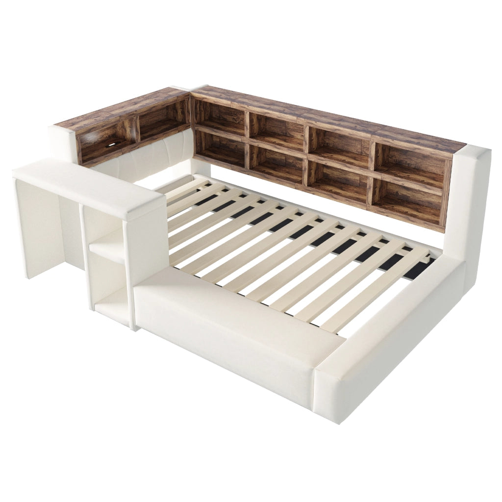 Letto imbottito 90 x 200 cm con contenitore, USB/LED e tavolino laterale, beige