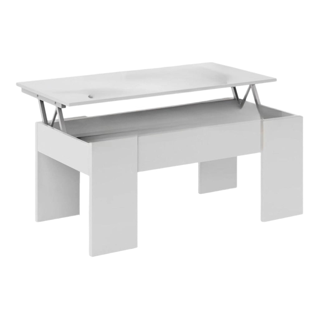 Tavolino da salotto Almas, Tavolino da caffÒ¨ con piano elevabile, Tavolo basso da soggiorno, cm 100x50h45/56, Bianco lucido
