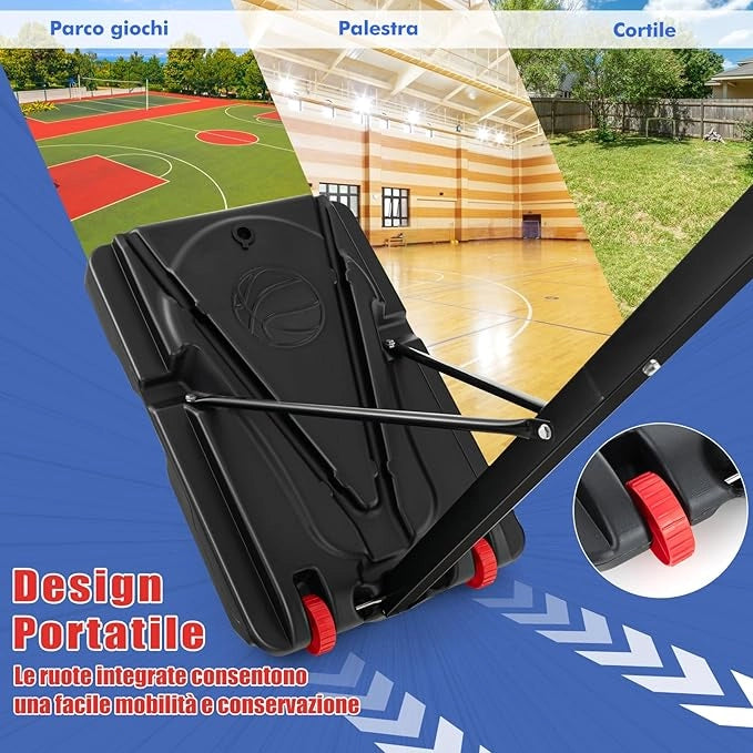 Canestro da Basket Regolabile a 10 Livelli, Canestro da Basket da Esterno Portatile con Tabellone da 82cm, 2 Ruote e Borsa