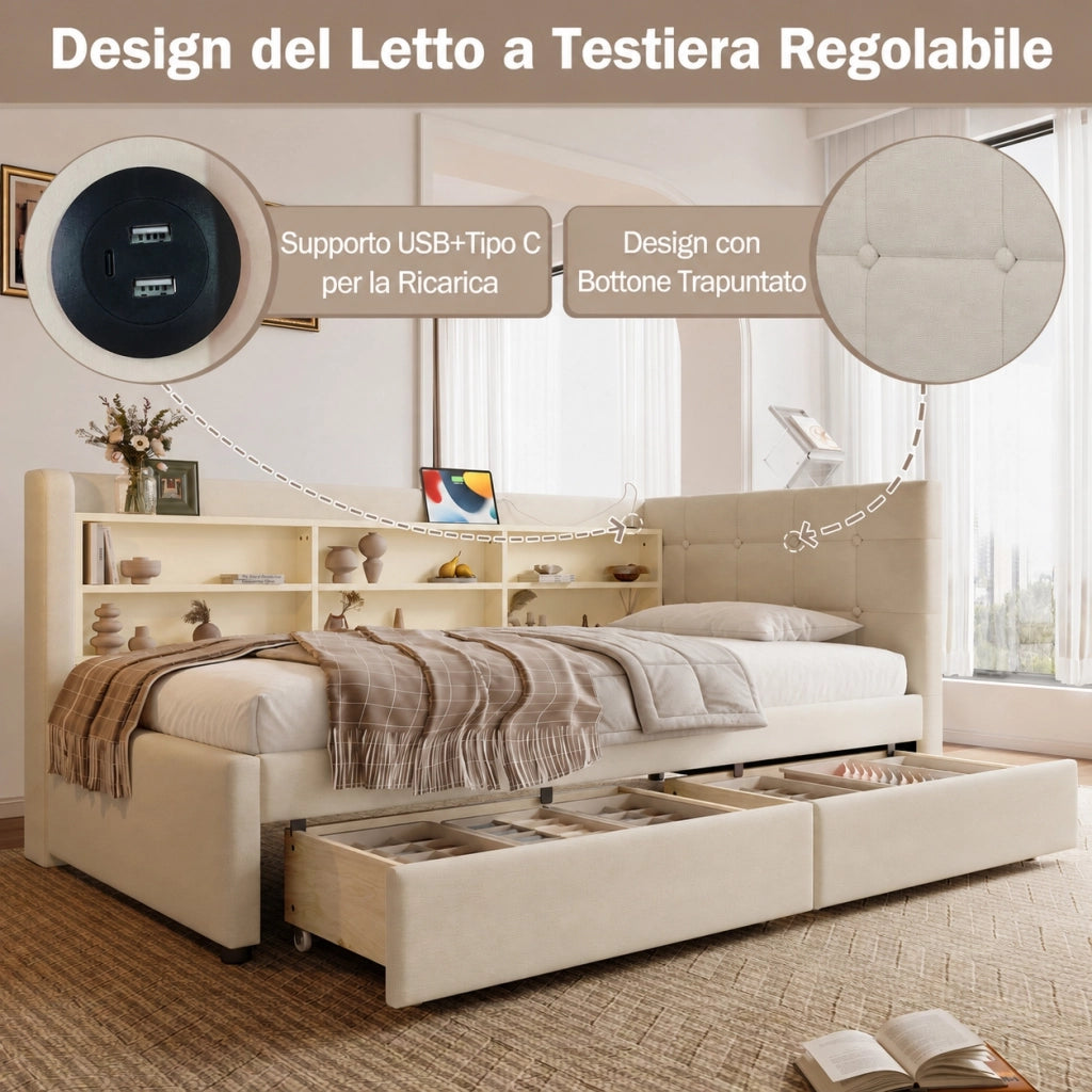 Letto singolo 90x200 con due cassetti e prese USB USB C; rete a doghe; lino grigio