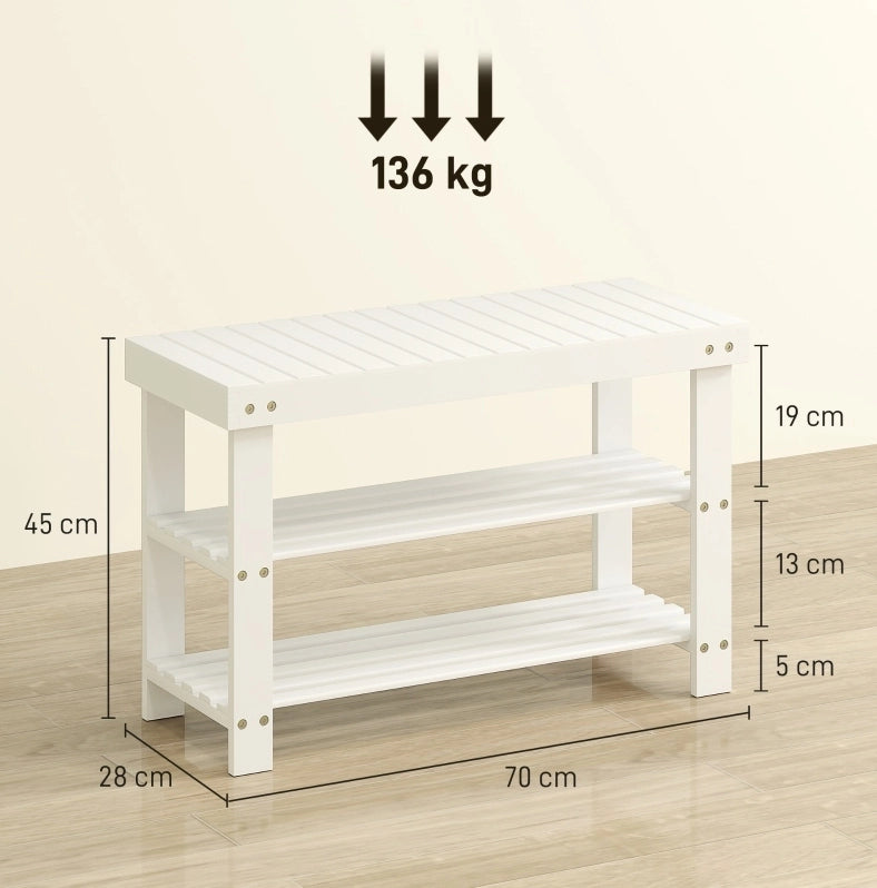 Panca Porta Scarpe in Bambù con Doppio Ripiano, 70x28x45 cm, Bianco