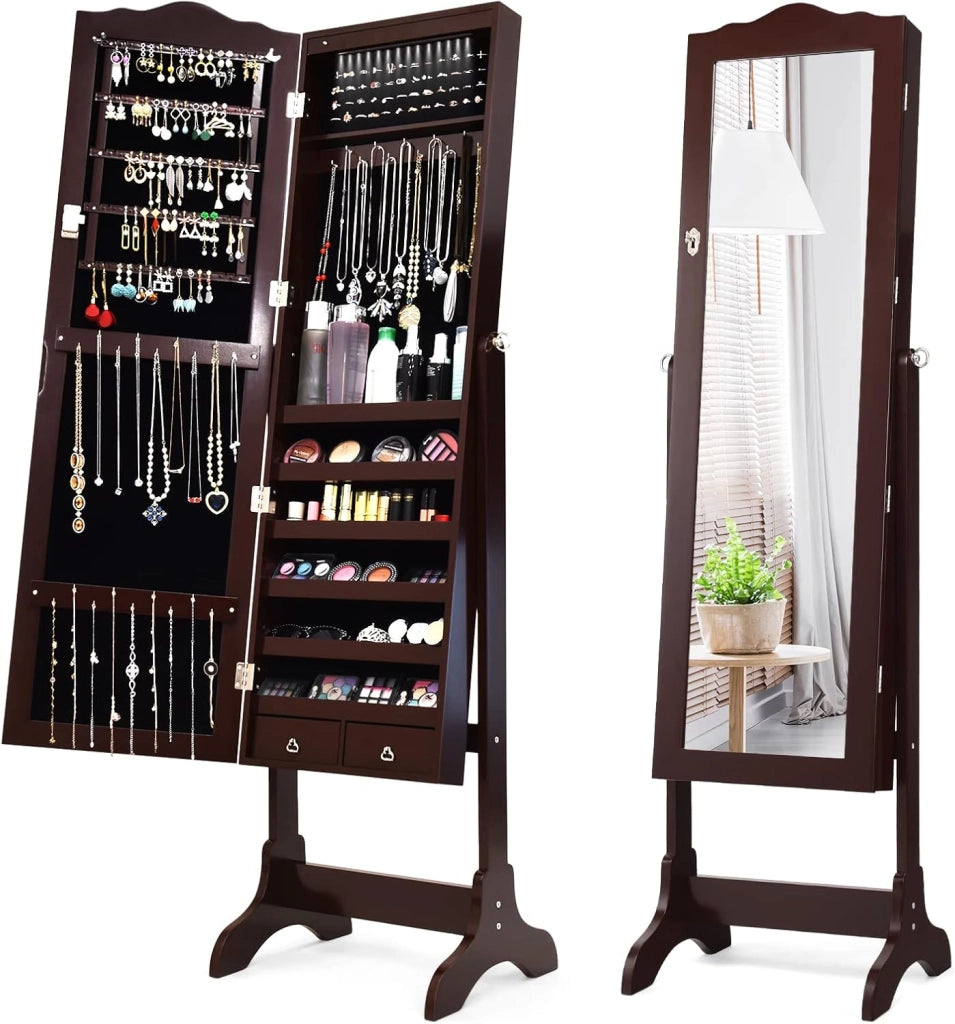 Armadietto Portagioie da Terra, Specchio Portagioie con Luci LED, Angolo Regolabile, con Chiave, 41,5 x 37 x 160 cm (Bianco)