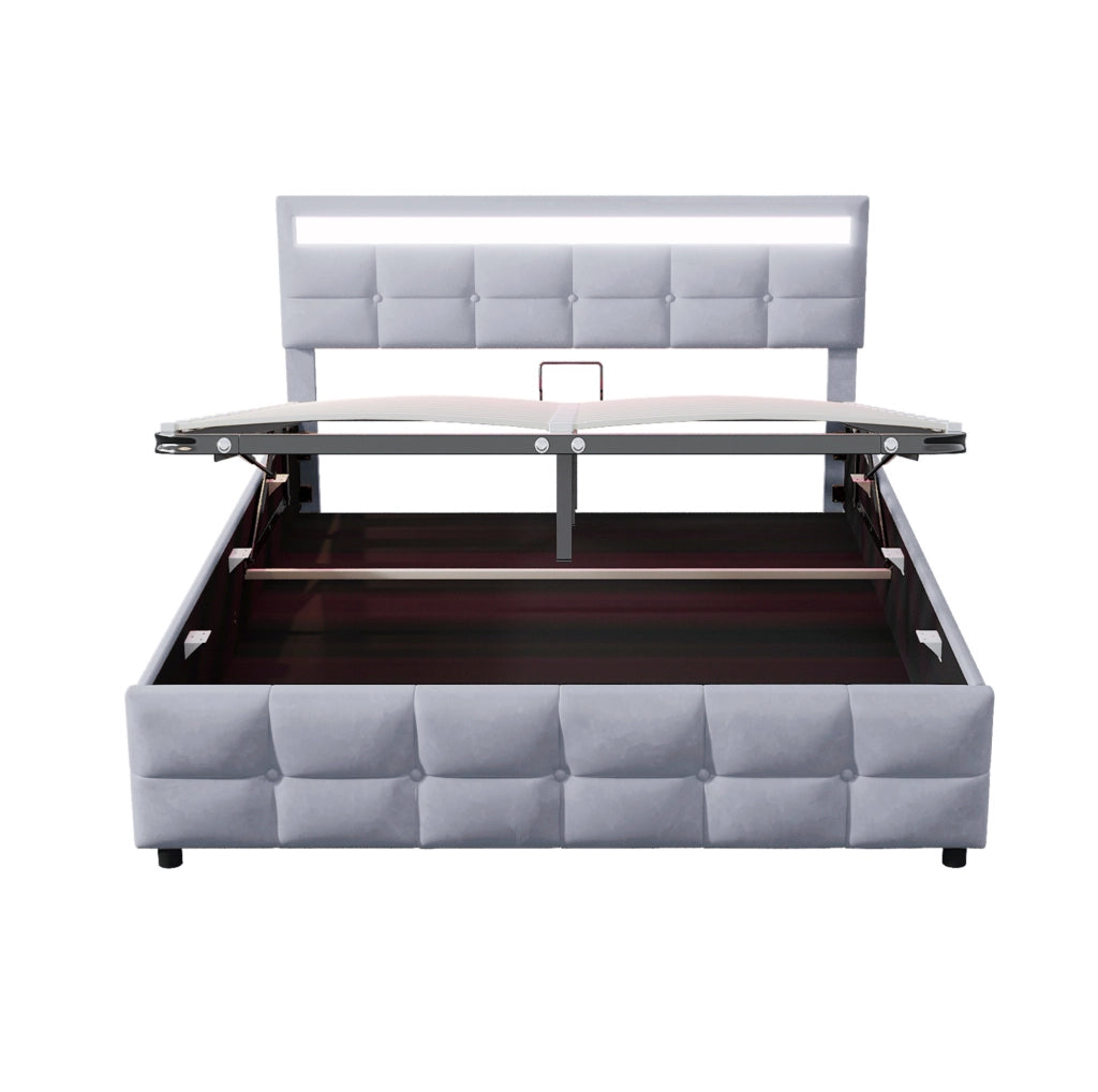 Letto imbottito 180x200 cm con LED e contenitore idraulico in velluto olandese grigio