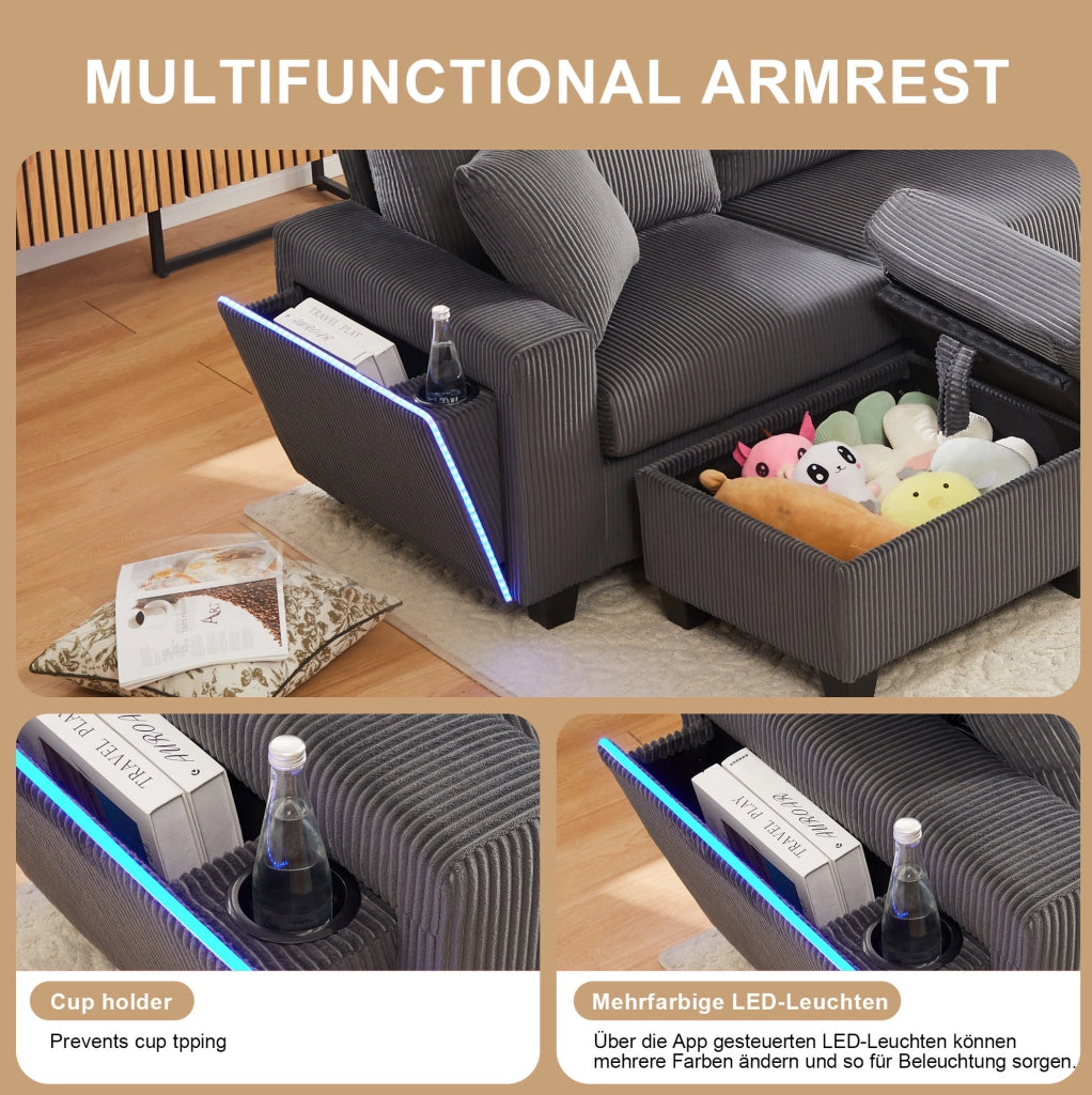 Divano a U in velluto a coste grigio con LED, USB/Type-C, 2 pouf e lampada