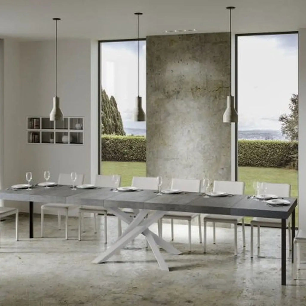 Tavolo allungabile 120/380x90 cm Volantis Premium colore cemento gambe bianche