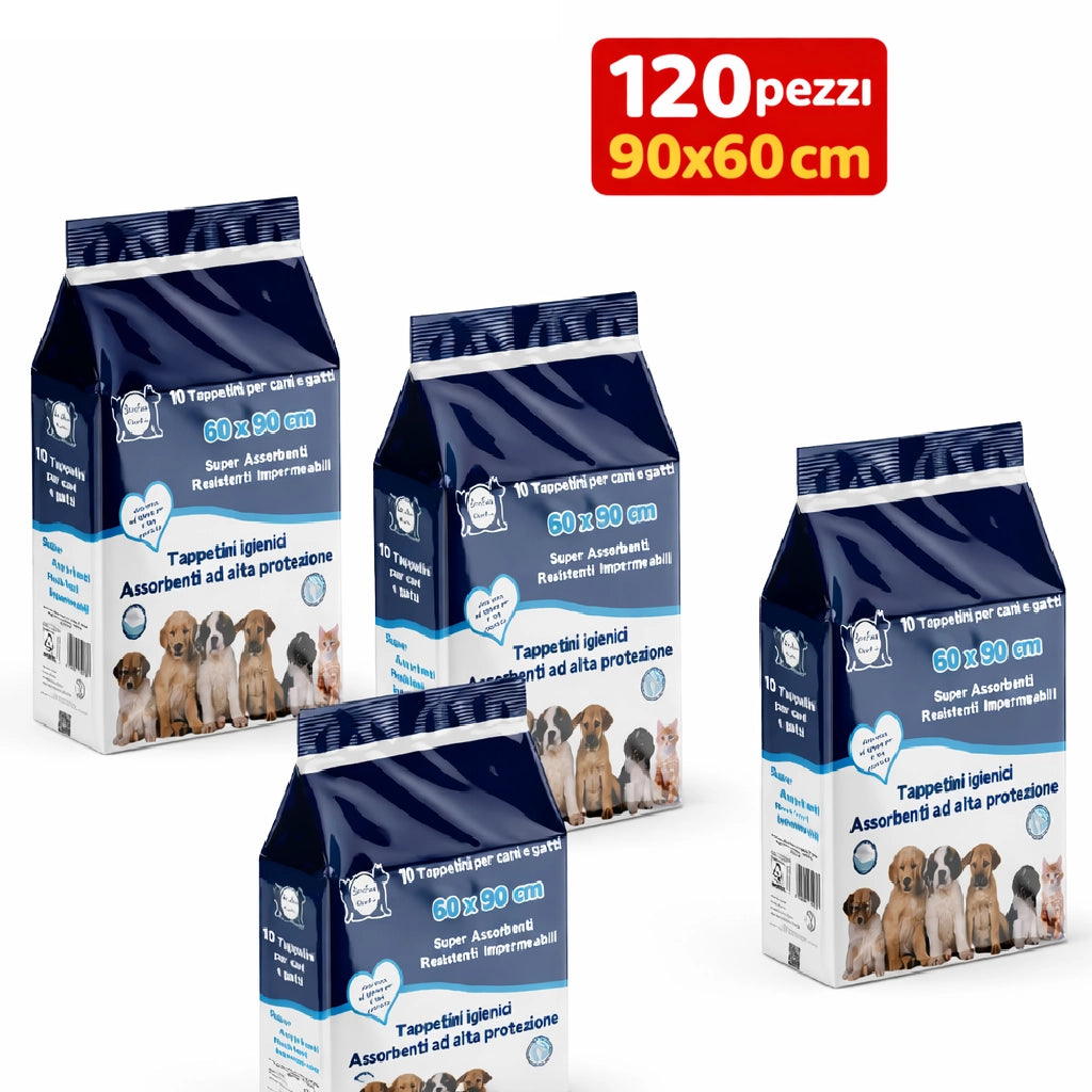 120pz Tappetini Igienici Traversine Cane Super Assorbenti 60x90cm con adesivo