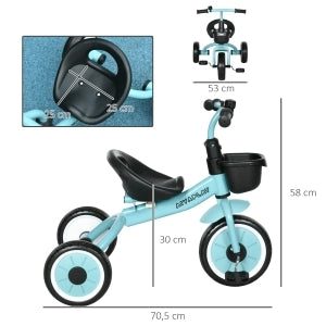 Triciclo Bambini 2-5 Anni, Telaio in Metallo, Sedile Regolabile in Altezza, Campanello e Cesto, Blu