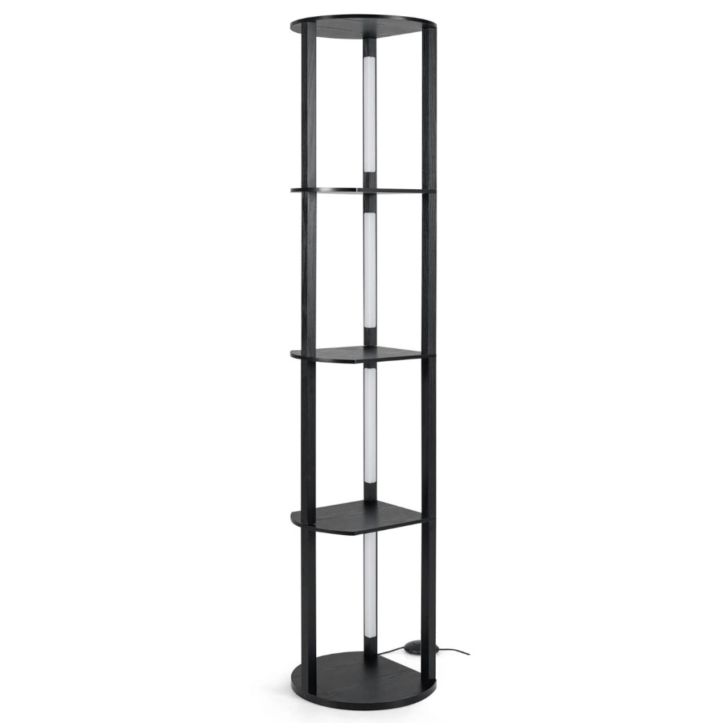 Lampada da terra con mensole scaffale indipendente in legno con 4 strisce LED ruotabili, Lampada da terra moderna con mensole Nero-Lampade