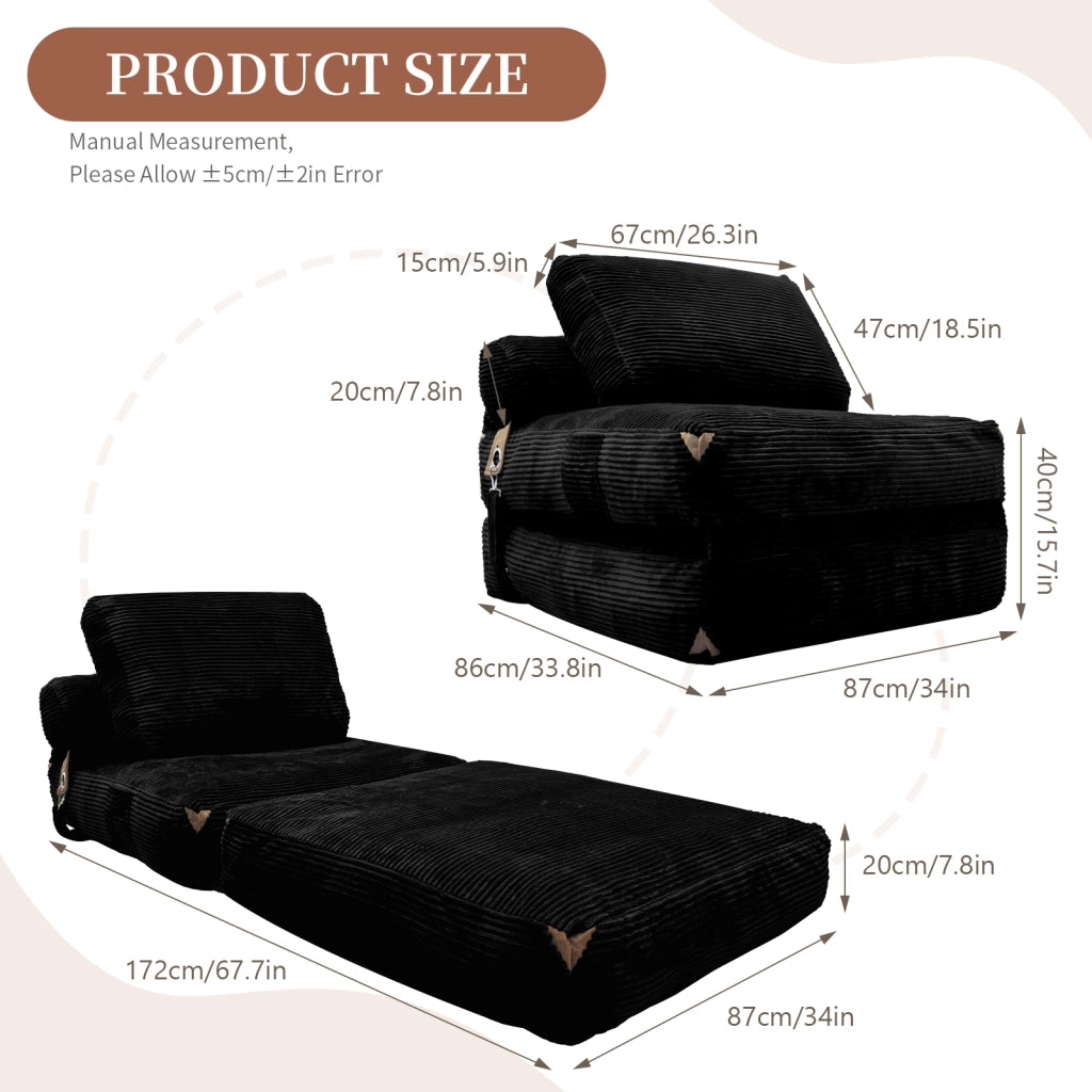 Divano letto pieghevole compatto con supporto ergonomico per piccoli spazi in flanella nera 52.0 × 42.0 × 33.0 cm