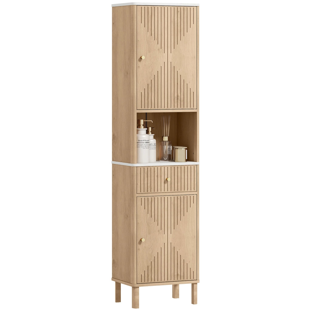 Colonna Bagno con Cassetto, Ante e Ripiani Regolabili ¨C Zephmum ¨C Effetto Marmo, Rovere, 41.5x30x168 cm