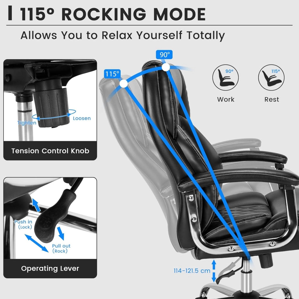 Sedia da ufficio ergonomica con 5 ruote, seduta larga con altezza regolabile 54-61,5 cm, schienale reclinabile e braccioli, carico fino a 225 kg, sedia imbottita per studio